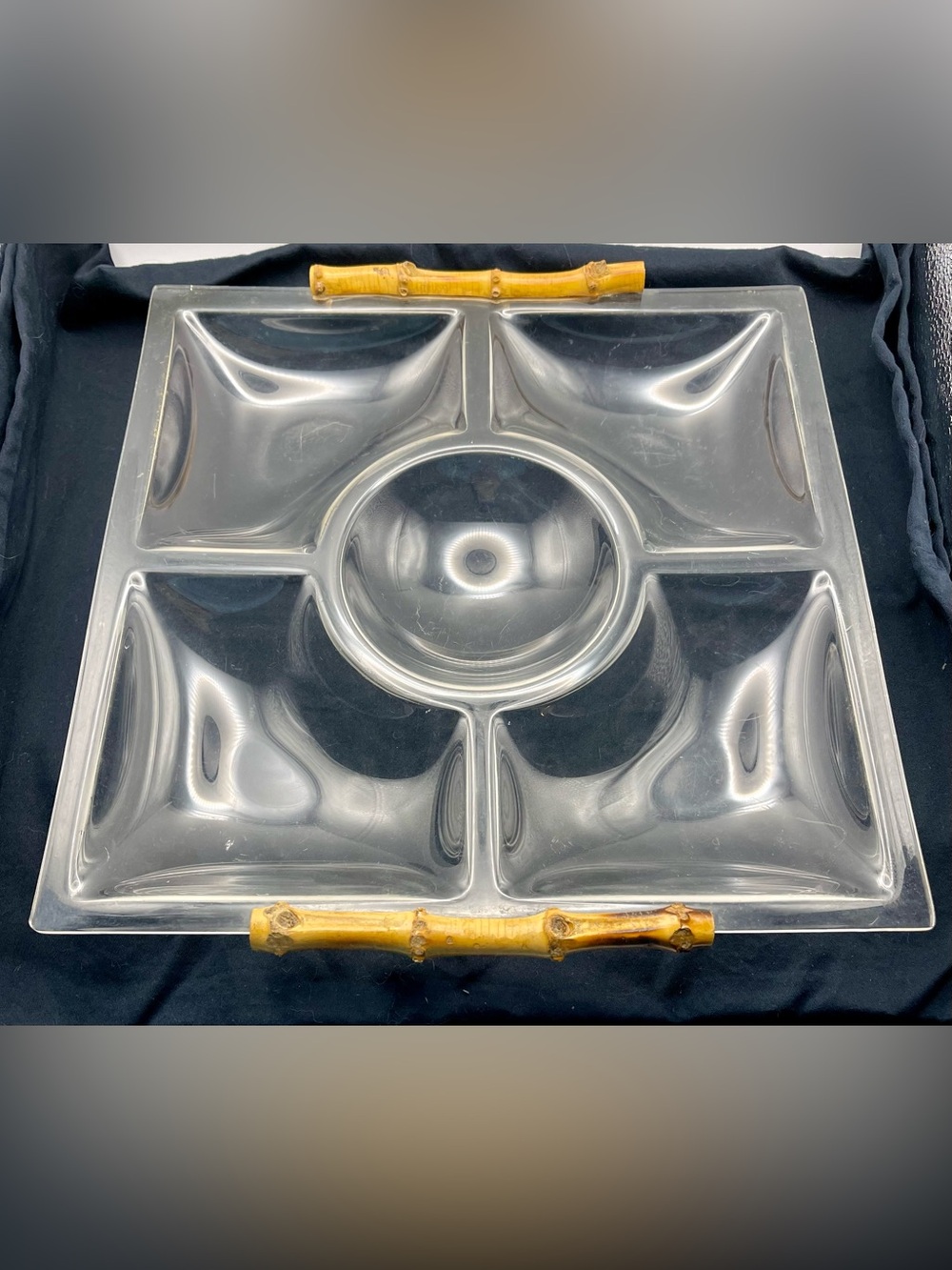 Vintage MCM Lucite Acrylic Sectioned Serveware Platter with Bamboo Handles